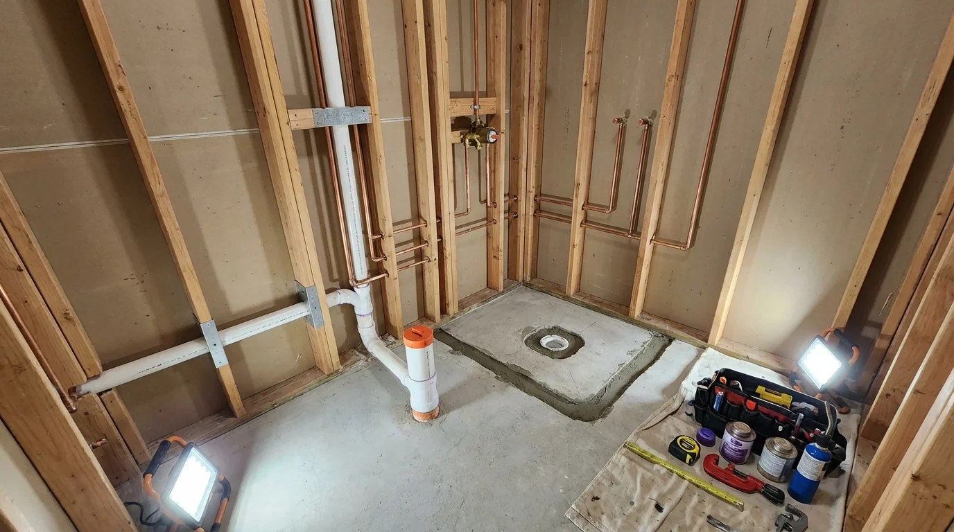 Bathroom rough-in plumbing during remodel by Johns Plumbing LLC in Garrochales