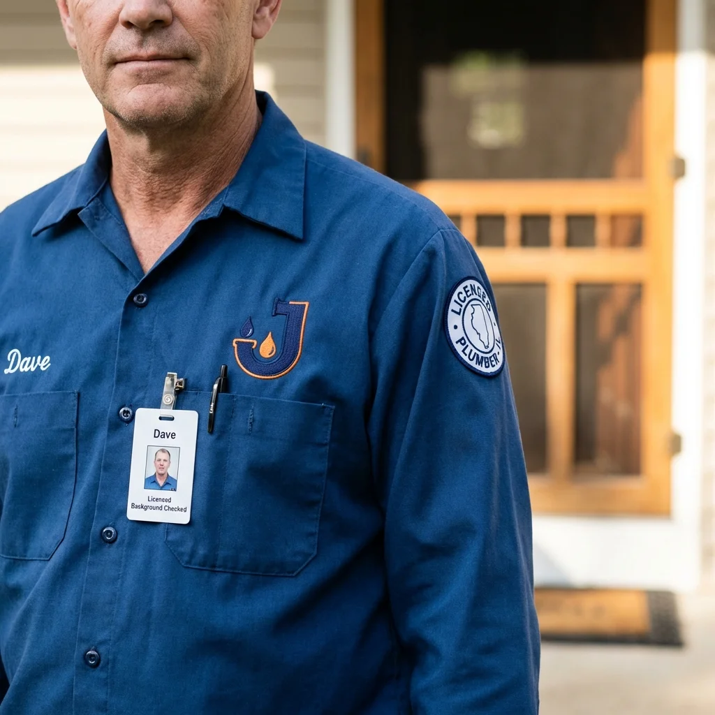 Licensed plumber showing ID badge in Garrochales, PR